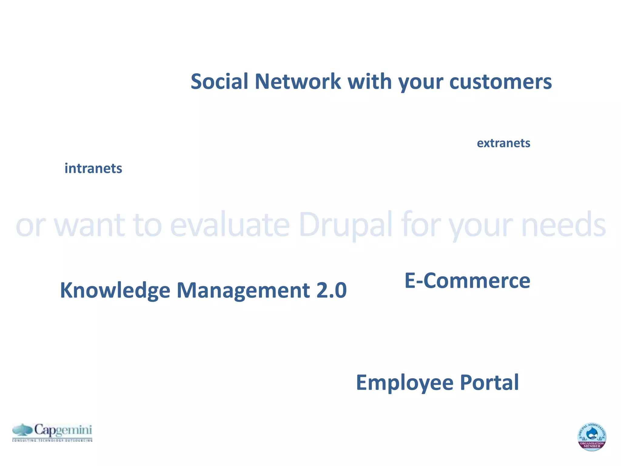 Social Network withyourcustomersextranetsintranetsor want to evaluate Drupal for your needsE-CommerceKnowledge Management 2.0Employee Portal