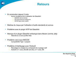 Retours


 En production depuis 2 mois
     •   Aucun problème lié à l’utilisation de Glassfish
              Stabilité dans le temps
              Peu gourmand en ressource
              Démarrage assez rapide


 Maitrise du risque par l’utilisation d’outils standards et connus

 Problème avec le plugin WTP de Glassfish

 Manque d’un plugin Glassfish embarqué dans Maven comme Jetty
     •   Attendre la v3 et le profile Web

 Problème Java sous MACOS
     •   Compatibilité Tiger / Leopard

 Problème d’interfaçage avec l’ActiveX
     •   Recodage du wrapper du composant de cryptage natif
     •   ActiveX C++ avec JACOB vers DLL C++ avec JNI

                                                                      Sun Aquarium Paris
                                                                                 26 Juin 2009
                                                                                           20
 