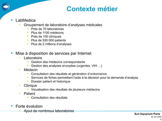 Contexte métier
 LabMedica
    •   Groupement de laboratoire d’analyses médicales
            Prés de 70 laboratoires
            Plus de 1100 médecins
            Prés de 100 cliniques
            Plus de 550 000 patients
            Plus de 2 millions d’analyses

 Mise à disposition de services par Internet
    •   Laboratoire
          Gestion des médecins correspondants
          Gestion des analyses envoyées (urgentes, VIH….)
    •   Médecin
          Consultation des résultats et génération d’ordonnance
          Services de fiches permettant l’aide à la décision pour la demande d’analyse
          Dossier patient et historique
    •   Clinique
          Visualisation des résultats de plusieurs médecins
    •   Patient
          Consultation des résultats

 Forte évolution
    •   Ajout de nombreux laboratoires
                                                                                    Sun Aquarium Paris
                                                                                               26 Juin 2009
                                                                                                          3
 