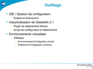Outillage

 IDE / Gestion de configuration
   • Eclipse et Subversion
 Industrialisation de Glassfish 2.1
   • Plugin de déploiement Maven
   • Script de configuration et déploiement
 Environnements virtualisés
   • VMWare
        Environnement d’intégration et test
        Plateforme d’intégration continue




                                               Sun Aquarium Paris
                                                          26 Juin 2009
                                                                     8
 