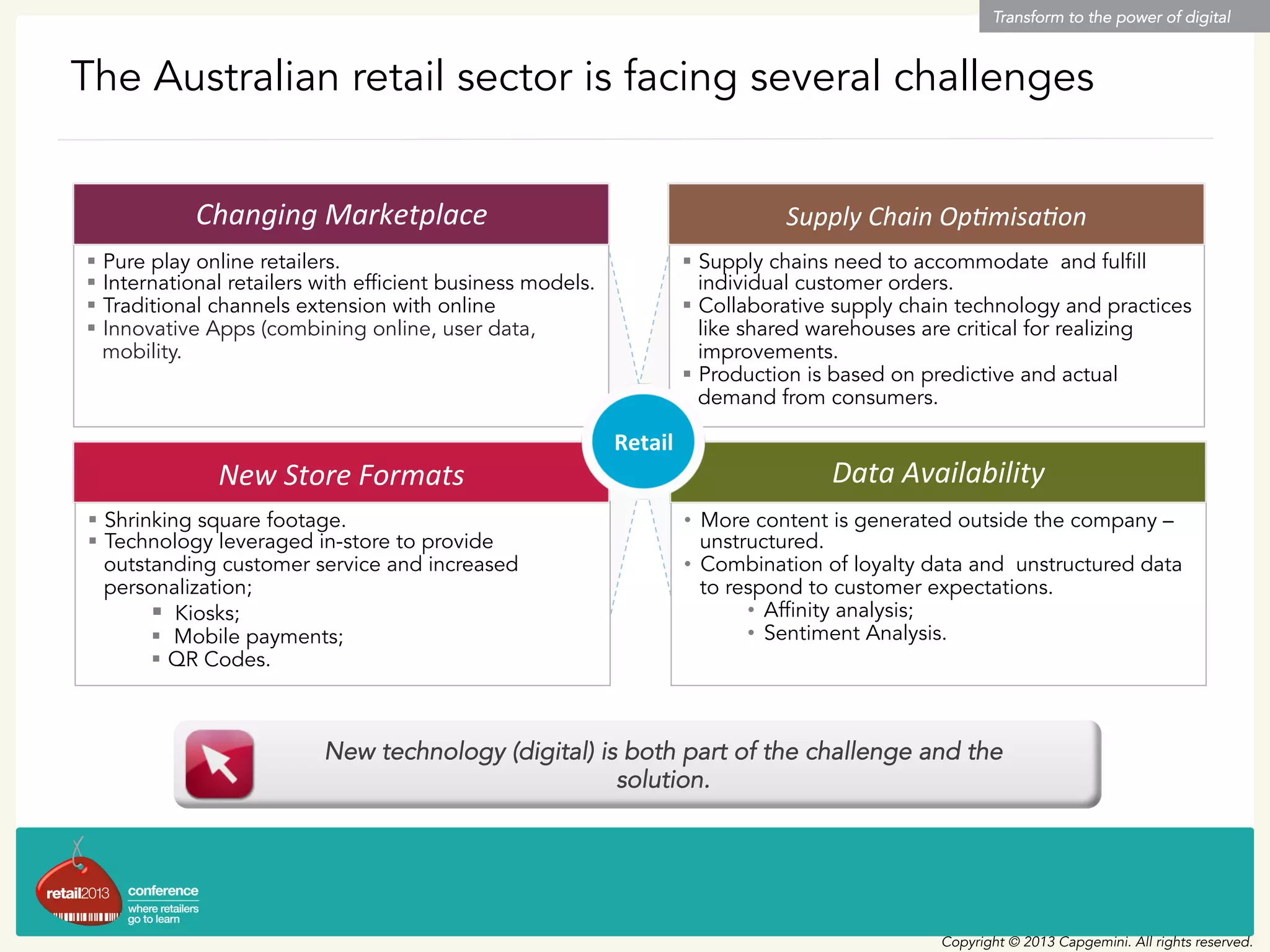 The Australian retail sector is facing several challenges
§  Pure play online retailers.
§  International retailers with efficient business models.
§  Traditional channels extension with online
§  Innovative Apps (combining online, user data,
mobility.
§  Shrinking square footage.
§  Technology leveraged in-store to provide
outstanding customer service and increased
personalization;
§  Kiosks;
§  Mobile payments;
§  QR Codes.
§  Supply chains need to accommodate and fulfill
individual customer orders.
§  Collaborative supply chain technology and practices
like shared warehouses are critical for realizing
improvements.
§  Production is based on predictive and actual
demand from consumers.
•  More content is generated outside the company –
unstructured.
•  Combination of loyalty data and unstructured data
to respond to customer expectations.
•  Affinity analysis;
•  Sentiment Analysis.
Changing	
  Marketplace	
   Supply	
  Chain	
  Op4misa4on	
  
New	
  Store	
  Formats	
   Data	
  Availability	
  
Retail	
  
New technology (digital) is both part of the challenge and the
solution.
Transform to the power of digital
Copyright © 2013 Capgemini. All rights reserved.
 