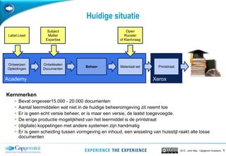 92013 - John May - Capgemini Academy
XeroxAcademy
Huidige situatie
Kernmerken
• Bevat ongeveer15.000 - 20.000 documenten
• Aantal leermiddelen wat niet in de huidige beheeromgeving zit neemt toe
• Er is geen echt versie beheer, er is maar een versie, de laatst toegevoegde.
• De enige productie mogelijkheid van het leermiddel is de printstraat
• (digitale) koppelingen met andere systemen zijn handmatig
• Er is geen scheiding tussen vormgeving en inhoud, een wisseling van huisstijl raakt alle losse
documenten
Ontwerpen
Opleidingen
Ontwikkelen
Documenten
Materiaal set PrintstraatBeheer
Subject
Matter
Expertise
Open
Rooster
of Klantvraag
Label Lead
 