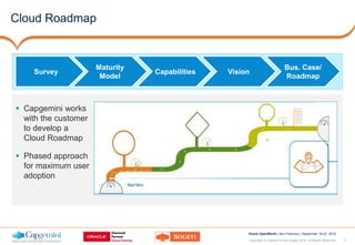 11Copyright © Capgemini and Sogeti 2016. All Rights Reserved
Oracle OpenWorld | San Francisco | September 18-22, 2016
Cloud Roadmap
Survey
Maturity
Model
Capabilities Vision
Bus. Case/
Roadmap
 Capgemini works
with the customer
to develop a
Cloud Roadmap
 Phased approach
for maximum user
adoption
 