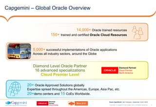 4Copyright © Capgemini and Sogeti 2016. All Rights Reserved
Oracle OpenWorld | San Francisco | September 18-22, 2016
Capgemini – Global Oracle Overview
5,000+ successful implementations of Oracle applications
Across all industry sectors, around the Globe
14,000+ Oracle trained resources
150+ trained and certified Oracle Cloud Resources
20+ Oracle Approved Solutions globally
Expertise spread throughout the Americas, Europe, Asia Pac, etc.
20+demo centers and 15 CoEs Worldwide.
Diamond Level Oracle Partner
16 advanced specializations
Cloud Premier Level
 