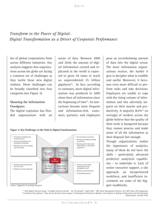 Close-up




Transform to the Power of Digital:
Digital Transformation as a Driver of Corporate Performance



ber of global corporations from                                 ocean of data. Between 2009                                pour an overwhelming amount
across different industries. Our                                and 2020, the amount of digi-                              of data into the digital ocean.
analysis suggests that organiza-                                tal information created and re-                            The more information organi-
tions across the globe are facing                               plicated in the world is expec-                            zations receive, the harder it
a common set of challenges as                                   ted to grow 44 times to reach                              gets to decipher what is credible
they tackle these new digital                                   an unprecedented 35 trillion                               and useful. Moreover, it beco-
realities. These challenges can                                 gigabytes22. In fact, according                            mes even more difficult to per-
be broadly classified into four                                 to estimates, more digital infor-                          form tasks and take decisions.
categories (see Figure 3).                                      mation was produced in 2009                                Employees are unable to cope
                                                                alone than all information since                           with the rising volume of infor-
Manning the Information                                         the beginning of time23. As inte-                          mation and this adversely im-
Floodgates                                                      ractions become more frequent                              pacts on their morale and pro-
The digital explosion has floo-                                 and information-rich, custo-                               ductivity. A majority (62%24 on
ded organizations with an                                       mers, partners, and employees                              average) of workers across the
                                                                                                                           globe believe that the quality of
                                                                                                                           their work is hampered because
Figure 3: Key Challenges in the Path to Digital Transformation
                                                                                                                           they cannot process and make
                                                                                                                           sense of all the information at
  Information flooding from
    multiple sources
                                                                                     The all-powerful customer            their disposal fast enough.
                                                                                     Managing changing customer
  Analyzing information for
    actionable intelligence
                                                                                       sensitivities                       Though organizations realize
                                                                                     Developing the right social
  Managing and securing large
    volumes of data
                                                                                       media, Web 2.0, and mobile
                                                                                       capabilities
                                                                                                                           the importance of analytics,
                                                               Change in
                                                                                                                           many of them do not have the
                                              Information
                                                Overflow
                                                               Customer
                                                                Behavior                                                   skills - particularly advanced
                                                          Key                                                              predictive analytical capabili-
                                                       Challenges
  Avoiding organizational and                                                       Crafting a clear digital
                                                                                                                           ties - to undertake it. Lack of
    technical silos                            Silo Based     Organization/            roadmap at the top
  Adopting a holistic approach
                                               Approach       Culture Gap              management level                    senior executive support, a silo
                                                                                     Workforce transformation
                                                                                     Change Management
                                                                                                                           approach, an inexperienced
                                                                                                                           workforce, and insufficient in-
                                                                                                                           vestment are some of the big-
Source: Capgemini Consulting Analysis                                                                                      gest roadblocks.
                  22
                       2010 Digital Universe Study: “A Digital Universe Decade – Are You Ready?”, April 2010. 23 MIT Sloan Management Review, 2011 MIT Sloan CIO Symposium.
                24
                      LexisNexis Press Release:” New Survey Reveals Extent, Impact of Information Overload on Workers; From Boston to Beijing, Professionals Feel Overwhelmed,
                                                                                                                                                   Demoralized”, October 2010.


                                                                     Digital transformation review n°01 - 20
 