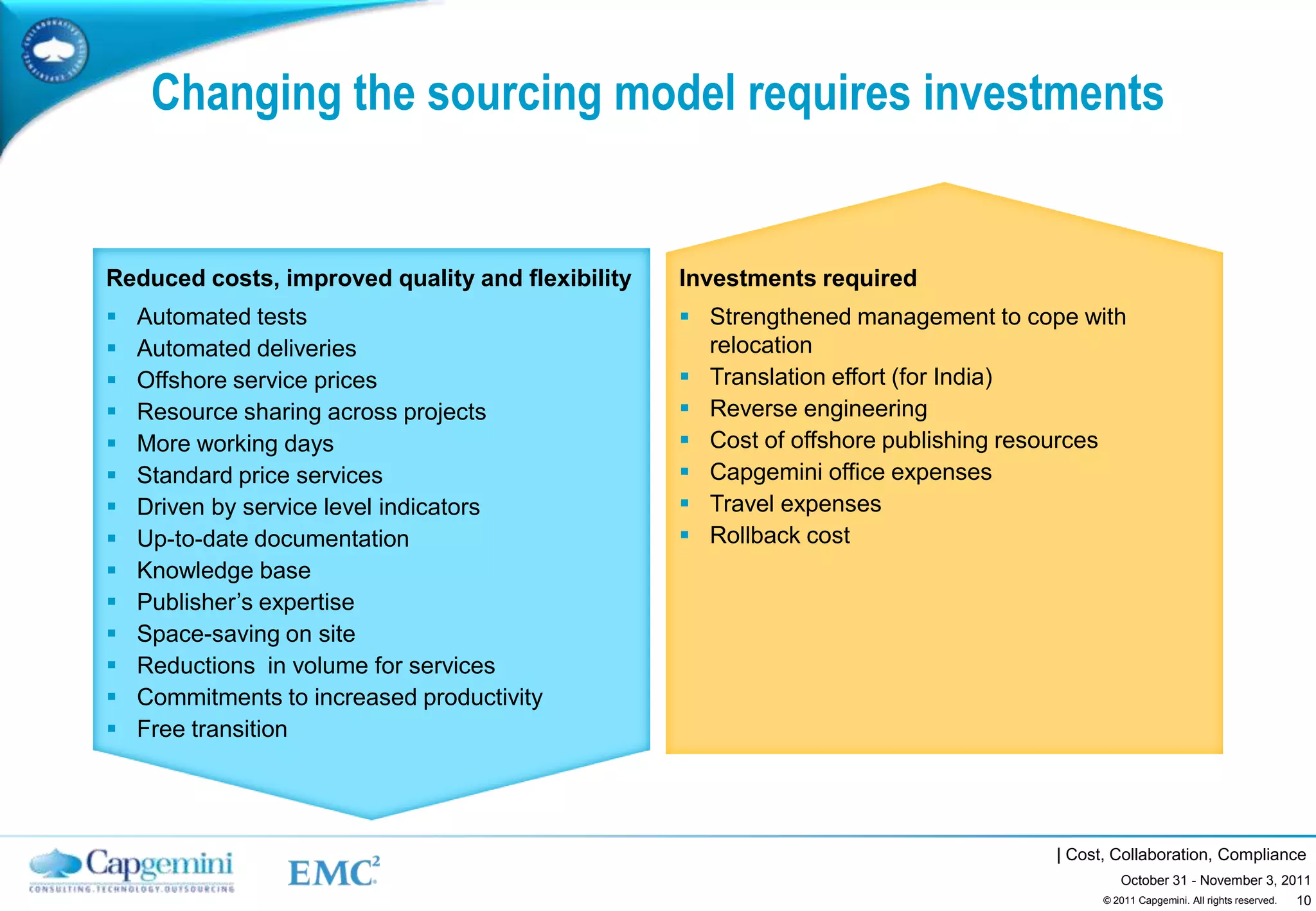 Changing the sourcing model requires investments


Reduced costs, improved quality and flexibility   Investments required
   Automated tests                                Strengthened management to cope with
   Automated deliveries                            relocation
   Offshore service prices                        Translation effort (for India)
   Resource sharing across projects               Reverse engineering
   More working days                              Cost of offshore publishing resources
   Standard price services                        Capgemini office expenses
   Driven by service level indicators             Travel expenses
   Up-to-date documentation                       Rollback cost
   Knowledge base
   Publisher’s expertise
   Space-saving on site
   Reductions in volume for services
   Commitments to increased productivity
   Free transition




                                                                                  | Cost, Collaboration, Compliance
                                                                                           October 31 - November 3, 2011
                                                                                                                      10
                                                                                        © 2011 Capgemini. All rights reserved.
 