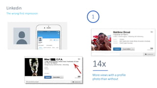 Linkedin
The wrong first impression
More views with a profile
photo than without
14x
1
 