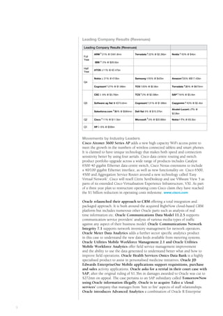 Public        the way we see it



    Leading Company Results (Revenues)

     Leading Company Results (Revenues)

            ARM 21% @ £491.8mn            Terradata 22% @ $2.36bn        Nvidia 13% @ $4bn
     Full
     Year
            IBM     2% @ $29.5bn

     Half
            ATOS 11% @ €2.47bn
     Year

            Nokia    21% @ €10bn          Samsung 15% @ $42bn            Amazon 35% @$17.43bn
     Q4
            Cognizant 27% @ $1.66bn       TCS 20% @ $2.6bn               Terradata 23% @ $673mn


            CSC     6% @ $3.76bn          TCS 2% @ $2.58bn               SAP 14% @ $3.4bn


     Q3     Software ag flat @ €274.6mn   Cognizant 31% @ $1.66bn        Capgemini 13% @ $2.4bn

                                                                         Alcatel-Lucent 7% @
            Salesforce.com 36% @ $584mn   Dell flat 5% @ $15.37bn
                                                                         $3.8bn

     Q2     Cisco 11% @ $11.5bn           Microsoft 5% @ $20.89bn        Nokia 7% @ €9.3bn


     Q1     HP    6% @ $30bn



    Movements by Industry Leaders
    Cisco Aironet 3600 Series AP adds a new high capacity WiFi access point to
    meet the growth in the numbers of wireless connected tablets and smart phones.
    It is claimed to have unique technology that makes both speed and connection
    sensitivity better by using four aerials. Cisco data centre routing and switch
    product portfolio upgrade across a wide range of products includes Catalyst
    6500 40 gigabit Ethernet data centre switch, Cisco Nexus extensions to include
    a 40/100 gigabit Ethernet interface, as well as new functionality on Cisco 6500,
    4500 and Aggregation Service Router around a new technology called ‘Easy
    Virtual Network’. Cisco will resell Citrix XenDesktop and use VMware View 5 as
    parts of its extended Cisco Virtualisation Experience Infrastructure, VXI. As part
    of a three year plan to restructure operating costs Cisco claim they have reached
    the $1 billion reduction in operating costs milestone. www.cisco.com

    O
    	 racle relaunched their approach to CRM offering a total integration and
    packaged approach. It is built around the acquired RightNow cloud-based CRM
    platform but includes numerous other Oracle parts such as analysis of real
    time information etc. Oracle Communications Data Model 11.2.5 supports
    communication service providers’ analysis of various media types of traffic
    against any aspect of their business model. Oracle Communications Network
    Integrity 7.1 supports network inventory management for network operators.
    Oracle Meter Data Analytics adds a further sector specific analytics product
    in this case to understand the new data feeds available from metering systems.
    Oracle Utilities Mobile Workforce Management 2.1 and Oracle Utilities
    Mobile Workforce Analytics offer field service management improvement
    and the ability to use the data generated to understand better what and how to
    improve field operations. Oracle Health Services Omics Data Bank is a highly
    specialised product to assist in personalised medicine initiatives. Oracle JD
    Edwards EnterpriseOne Mobile applications support requisitions, purchase
    and sales activity applications. Oracle asks for a retrial in their court case with
    SAP, after the original ruling of $1.3bn in damages awarded to Oracle was cut to
    $272mn on appeal. The case pertains to an SAP subsidiary called TomorrowNow
    using Oracle information illegally. Oracle is to acquire Taleo a ‘cloud
    services’ company that manages from ‘hire to fire’ aspects of staff relationships.
    Oracle introduces Advanced Analytics a combination of Oracle R Enterprise



#
3
 