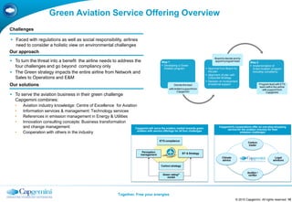 Green Aviation Service Offering Overview
Challenges

 Faced with regulations as well as social responsibility, airlines
  need to consider a holistic view on environmental challenges
Our approach
                                                                                                                                          Board to decide and to
 To turn the threat into a benefit the airline needs to address the                             Step 1                                   appoint program lead       Step 2
  four challenges and go beyond compliancy only                                                   Developing a Green                                                 Implementation of
                                                                                                   Aviation program                 Approval from Board for           Green Aviation program
 The Green strategy impacts the entire airline from Network and                                                                     the plan                          including compliancy
                                                                                                                                    Alignment of plan with
  Sales to Operations and E&M                                                                                                        Corporate Strategy
                                                                                                                                    Decision on involvement
Our solutions                                                                                              Decide the lead           of external support                       Program lead with ETS
                                                                                                                                                                               team within the airline
                                                                                                      with limited support from                                                  with support from
                                                                                                              Capgemini                                                             Capgemini
 To serve the aviation business in their green challenge
  Capgemini combines:
  •   Aviation industry knowledge: Centre of Excellence for Aviation
  •   Information services & management: Technology services
  •   References in emission management in Energy & Utilities
  •   Innovation consulting concepts: Business transformation
      and change management                                        Capgemini will serve the aviation market towards green
                                                                                                                                             Capgemini’s cooperations offer an one-stop-shopping
                                                                                                                                                  service for the aviation industry for their
  •   Cooperation with others in the industry                        aviation with service offerings for all four challenges                                emission challenges


                                                                                                ETS compliance
                                                                                                                                                                    Carbon
                                                                                                                                                                     trader

                                                                                   Perception
                                                                                  management                       BT & Strategy
                                                                                                                                                Climate                                     Legal
                                                                                                                                                advice                                     advisors

                                                                                                 Carbon strategy

                                                                                                                                                                   Auditor /
                                                                                                  Green rating®                                                     verifier
                                                                                                     model




                                                                    Together. Free your energies
                                                                                                                                                           © 2010 Capgemini. All rights reserved 15
 