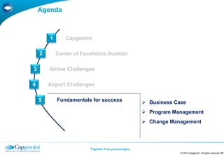 Agenda



        1       Capgemini

    2       Center of Excellence Aviation

3       Airline Challenges

4       Airport Challenges


    5       Fundamentals for success                      Business Case
                                                          Program Management
                                                          Change Management




                          Together. Free your energies
                                                                      © 2010 Capgemini. All rights reserved 27
 