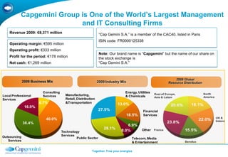 Capgemini Group is One of the World’s Largest Management
                           and IT Consulting Firms
    Revenue 2009: €8,371 million                                “Cap Gemini S.A.” is a member of the CAC40, listed in Paris
                                                                ISIN code: FR0000125338
    Operating margin: €595 million
    Operating profit: €333 million
                                                                Note: Our brand name is “Capgemini” but the name of our share on
    Profit for the period: €178 million                         the stock exchange is
    Net cash: €1,269 million                                    “Cap Gemini S.A.”



                                                                                                                   2009 Global
              2009 Business Mix                                2009 Industry Mix                               Resource Distribution

                         Consulting                                              Energy, Utilities                                     North
                                        Manufacturing,                                               Rest of Europe,
Local Professional       Services                                                & Chemicals         Asia & Latam                      America
Services                                Retail, Distribution
                       6.7%             &Transportation
                                                                           13.0%
               16.9%
                                                               27.5%                         Financial
                                                                                 16.5%       Services
                                                                                                                                                 UK &
                           40.0%                                                                                                                 Ireland
              36.4%
                                                                                 6.9%
                                                                   28.1%                    Other France
                                      Technology                              8.0%
Outsourcing                           Services
                                               Public Sector                         Telecom, Media
   Services                                                                                                              Benelux
                                                                                     & Entertainment

                                                          Together. Free your energies
 