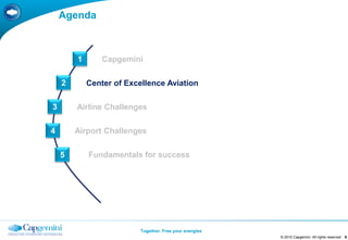 Agenda



        1       Capgemini

    2       Center of Excellence Aviation

3       Airline Challenges

4       Airport Challenges


    5       Fundamentals for success




                          Together. Free your energies
                                                         © 2010 Capgemini. All rights reserved   6
 
