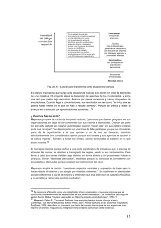 15
Fig. 30. 8 – Liderar para transformar ante situaciones blancas
Es blanco el proyecto que surge ante situaciones nuevas que ponen en crisis la sobrevida
de una iniciativa. El proyecto ataca la dispersión de agendas de los involucrados, y arma
una red que queda bajo escrutinio. Avanza por pasos sucesivos y trama búsquedas de
asociaciones. Cuando llega a concertaciones, sus resultados se ven como “lo único que se
podría haber hecho es lo que se hizo y resultó correcto”. Porque se piensa y actúa al
avanzar en la solución por aproximaciones sucesivas…12
¿Quiénes hacen esto?
Meyerson propone la noción de tempered radicals, “personas que desean progresar en sus
organizaciones sin dejar de ser coherentes con sus valores e identidades. Desean ser parte
del proyecto cultural sin resignar autenticidad; quieren “hacer olas” sin que peligre la barca
en la que navegan”; “se desempeñan en una línea de falla geológica, ya que se consideran
parte de la organización a la que aportan y en la que se destacan, mientras
simultáneamente son considerados ajenos porque sus ideales y sus agendas se oponen a
la cultura vigente”. Tienden a forzar los límites, siendo funcionales al sistema en el que
están insertos.13
El concepto interesa porque define a una parte significativa de individuos que, a efectos de
alcanzar las metas, se alientan a transgredir las reglas, yendo a sus fundamentos. Para
llevar a cabo sus tareas instalan algo distinto, en forma abierta y sin proponerse voltear la
jerarquía. Serían “idealistas atenuados”, idealistas porque su conducta es consistente con
sus palabras, atenuados porque aceptan las restricciones del caso.
Meyerson amplía la noción: “cuestionan aspectos centrales y supuestos de base pero lo
hacen desde el sistema y sin abogar por medidas extremas.” “Se sostienen en identidades
sociales diferentes a las de la mayoría y entienden que esa distinción es cultural o filosófica,
y no constituye razón para sentirse excluidos”.
																																																								
12 Se reconoce a Novartis como una stakeholder driven organization, o sea una empresa que es
conducida complementando las necesidades de sus partes interesadas. Los contenidos del cargo del
gestor, Senior Global Program Lead están en https://ie.linkedin.com/jobs2/view/11173471
13 Meyerson, Debra E., Tempered Radicals: how everyday leaders inspire change at work.
Cambridge, MA: Harvard Business School Press, 2001. Petros Markaris, en El accionista mayoritario,
TusQuets, 2009, describe a un comisario que harto del manejo discrecional de sus superiores, tras
resolver un crimen, resguarda su integridad moral evitando comunicar cierta evidencia.
 