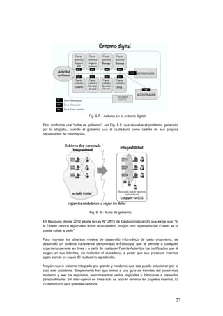 27
Fig. 6.7 – Actores en el entorno digital
Esto conforma una “nube de gobierno”, ver Fig. 6.8, que resuelve el problema generado
por la silopatia, cuando el gobierno usa al ciudadano como cadete de sus propias
necesidades de información.
Fig. 6. 8 - Nube de gobierno
En Neuquén desde 2012 existe la Ley N° 2819 de Desburocratización que exige que “Si
el Estado conoce algún dato sobre el ciudadano, ningún otro organismo del Estado se lo
puede volver a pedir”
Para manejar los diversos niveles de desarrollo informático de cada organismo, se
desarrolló un sistema transversal denominado e-Fotocopia que le permite a cualquier
organismo generar en línea y a partir de cualquier Fuente Autentica los certificados que él
exigen en sus trámites, sin molestar al ciudadano, a pesar que sus procesos internos
sigan siendo en papel. El ciudadano agradecido.
Ningún nuevo sistema integrado por grande y moderno que sea puede solucionar por si
solo este problema. Simplemente hay que entrar a una guía de trámites del portal mas
moderno y leer los requisitos, encontraremos varios originales y fotocopias a presentar
personalmente. Sin inter-operar en línea solo se podrán eliminar los papeles internos. El
ciudadano no verá grandes cambios.
 