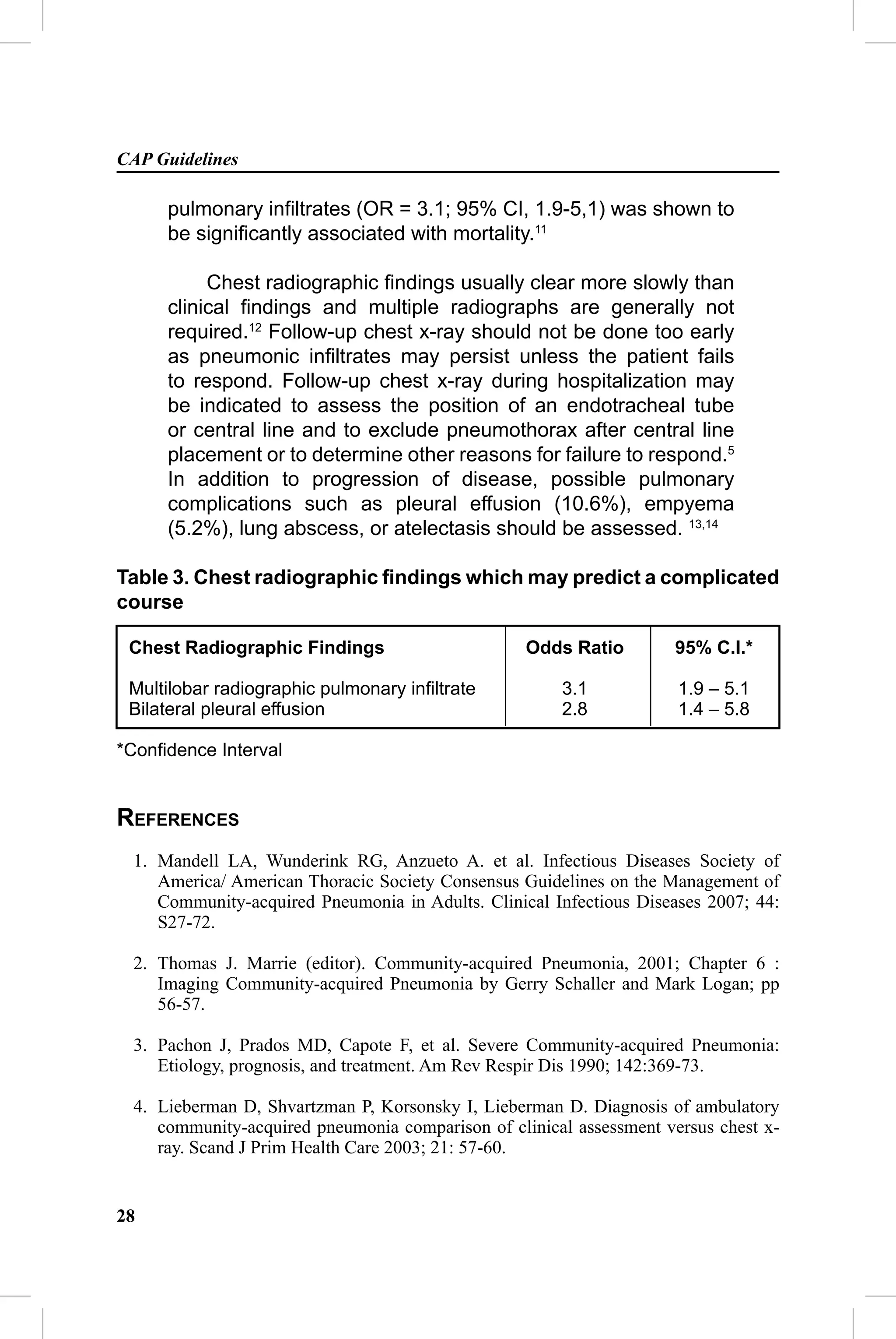 CAP Guidelines

     pulmonary inﬁltrates (OR = 3.1; 95% CI, 1.9-5,1) was shown to
     be signiﬁcantly associated with mortality.11

          Chest radiographic ﬁndings usually clear more slowly than
     clinical ﬁndings and multiple radiographs are generally not
     required.12 Follow-up chest x-ray should not be done too early
     as pneumonic inﬁltrates may persist unless the patient fails
     to respond. Follow-up chest x-ray during hospitalization may
     be indicated to assess the position of an endotracheal tube
     or central line and to exclude pneumothorax after central line
     placement or to determine other reasons for failure to respond.5
     In addition to progression of disease, possible pulmonary
     complications such as pleural effusion (10.6%), empyema
     (5.2%), lung abscess, or atelectasis should be assessed. 13,14

Table 3. Chest radiographic ﬁndings which may predict a complicated
course

 Chest Radiographic Findings                      Odds Ratio        95% C.I.*

 Multilobar radiographic pulmonary inﬁltrate          3.1            1.9 – 5.1
 Bilateral pleural effusion                           2.8            1.4 – 5.8

*Conﬁdence Interval


REFERENCES
 1. Mandell LA, Wunderink RG, Anzueto A. et al. Infectious Diseases Society of
    America/ American Thoracic Society Consensus Guidelines on the Management of
    Community-acquired Pneumonia in Adults. Clinical Infectious Diseases 2007; 44:
    S27-72.

 2. Thomas J. Marrie (editor). Community-acquired Pneumonia, 2001; Chapter 6 :
    Imaging Community-acquired Pneumonia by Gerry Schaller and Mark Logan; pp
    56-57.

 3. Pachon J, Prados MD, Capote F, et al. Severe Community-acquired Pneumonia:
    Etiology, prognosis, and treatment. Am Rev Respir Dis 1990; 142:369-73.

 4. Lieberman D, Shvartzman P, Korsonsky I, Lieberman D. Diagnosis of ambulatory
    community-acquired pneumonia comparison of clinical assessment versus chest x-
    ray. Scand J Prim Health Care 2003; 21: 57-60.


28
 