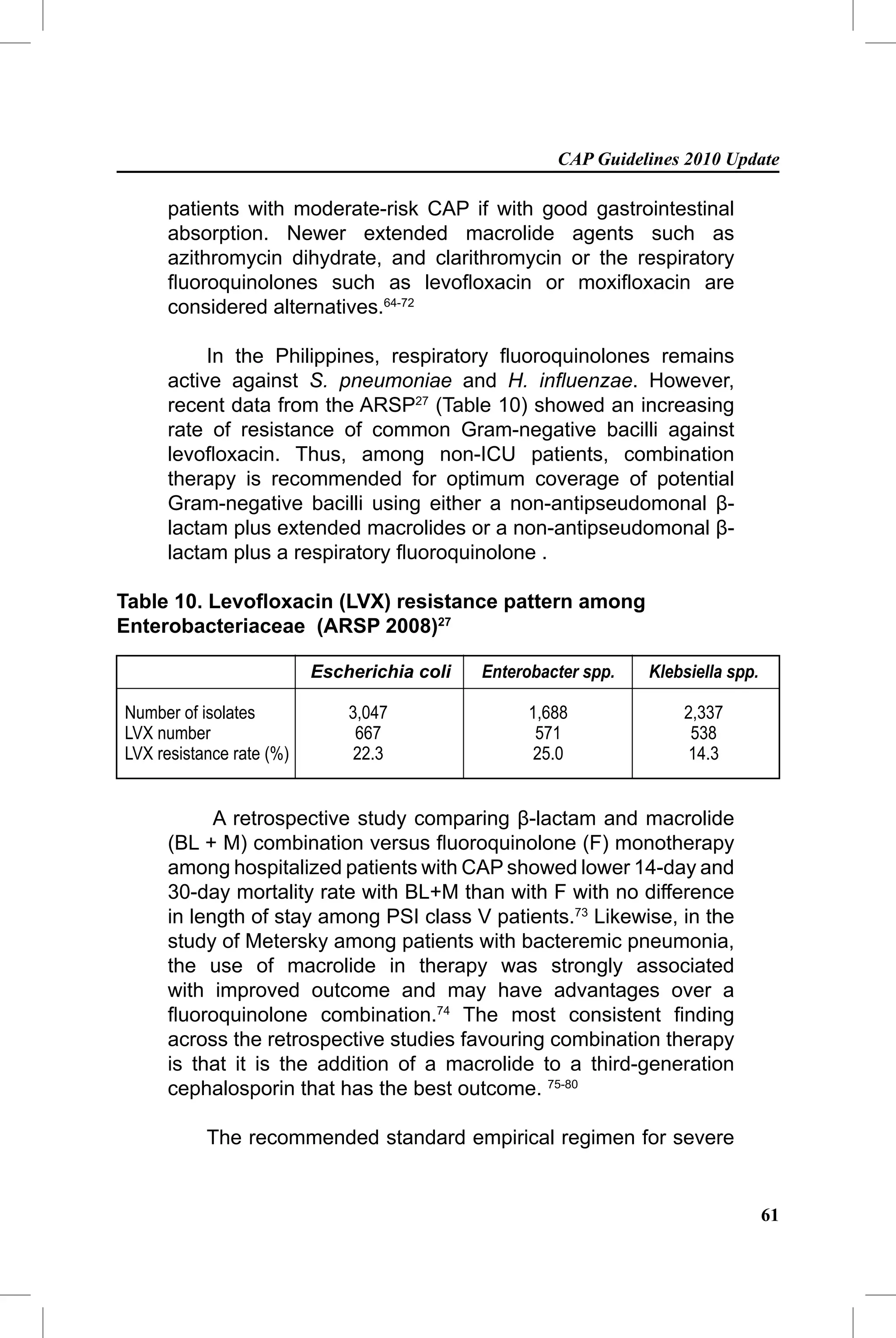 CAP Guidelines 2010 Update

      patients with moderate-risk CAP if with good gastrointestinal
      absorption. Newer extended macrolide agents such as
      azithromycin dihydrate, and clarithromycin or the respiratory
      ﬂuoroquinolones such as levoﬂoxacin or moxiﬂoxacin are
      considered alternatives.64-72

           In the Philippines, respiratory ﬂuoroquinolones remains
      active against S. pneumoniae and H. inﬂuenzae. However,
      recent data from the ARSP27 (Table 10) showed an increasing
      rate of resistance of common Gram-negative bacilli against
      levoﬂoxacin. Thus, among non-ICU patients, combination
      therapy is recommended for optimum coverage of potential
      Gram-negative bacilli using either a non-antipseudomonal β-
      lactam plus extended macrolides or a non-antipseudomonal β-
      lactam plus a respiratory ﬂuoroquinolone .

Table 10. Levoﬂoxacin (LVX) resistance pattern among
Enterobacteriaceae (ARSP 2008)27

                          Escherichia coli   Enterobacter spp.   Klebsiella spp.

Number of isolates            3,047               1,688              2,337
LVX number                     667                 571                538
LVX resistance rate (%)        22.3                25.0               14.3


            A retrospective study comparing β-lactam and macrolide
      (BL + M) combination versus ﬂuoroquinolone (F) monotherapy
      among hospitalized patients with CAP showed lower 14-day and
      30-day mortality rate with BL+M than with F with no difference
      in length of stay among PSI class V patients.73 Likewise, in the
      study of Metersky among patients with bacteremic pneumonia,
      the use of macrolide in therapy was strongly associated
      with improved outcome and may have advantages over a
      ﬂuoroquinolone combination.74 The most consistent ﬁnding
      across the retrospective studies favouring combination therapy
      is that it is the addition of a macrolide to a third-generation
      cephalosporin that has the best outcome. 75-80

           The recommended standard empirical regimen for severe


                                                                                   61
 