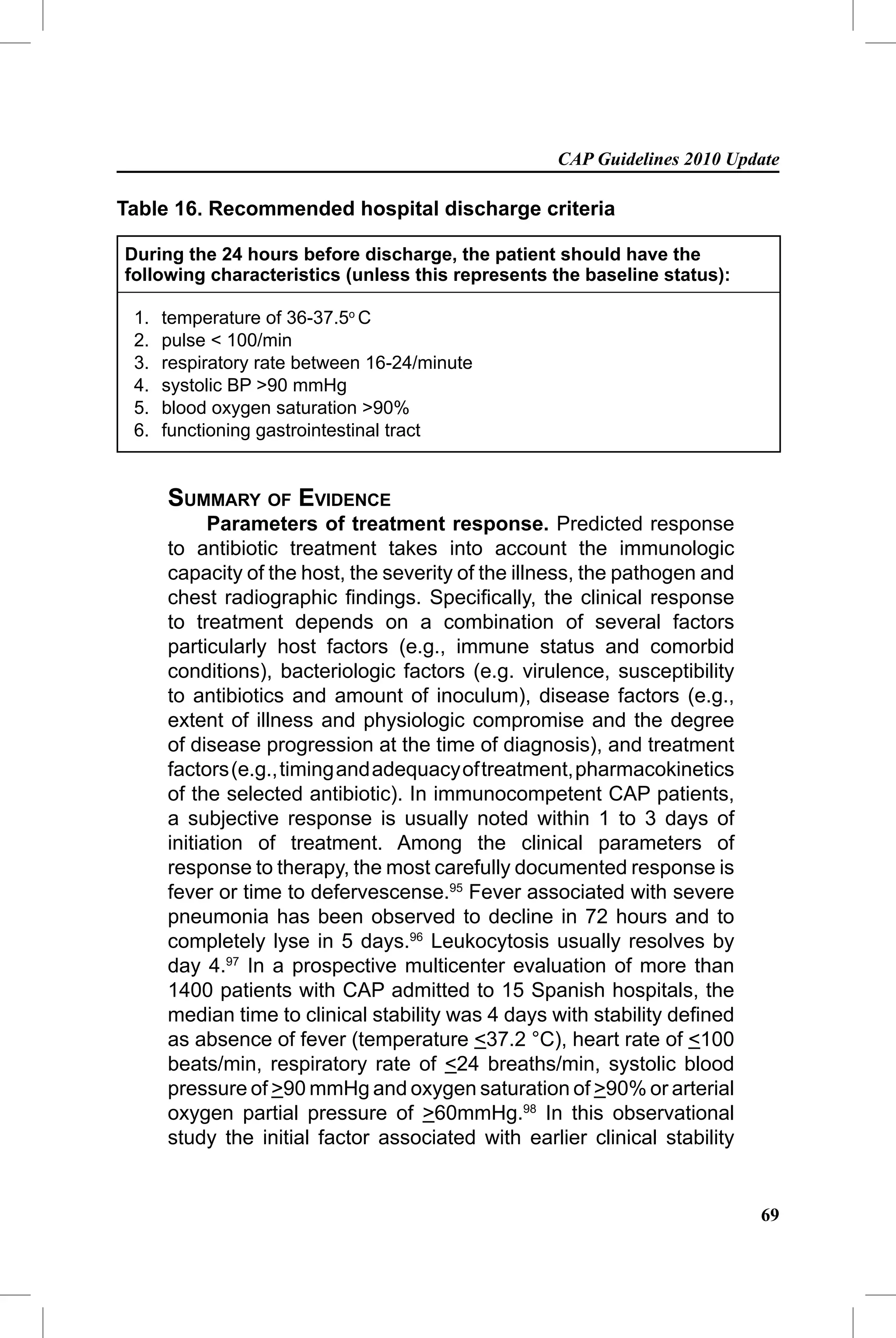 CAP Guidelines 2010 Update

Table 16. Recommended hospital discharge criteria

During the 24 hours before discharge, the patient should have the
following characteristics (unless this represents the baseline status):

 1.   temperature of 36-37.5o C
 2.   pulse < 100/min
 3.   respiratory rate between 16-24/minute
 4.   systolic BP >90 mmHg
 5.   blood oxygen saturation >90%
 6.   functioning gastrointestinal tract


      SUMMARY OF EVIDENCE
            Parameters of treatment response. Predicted response
      to antibiotic treatment takes into account the immunologic
      capacity of the host, the severity of the illness, the pathogen and
      chest radiographic ﬁndings. Speciﬁcally, the clinical response
      to treatment depends on a combination of several factors
      particularly host factors (e.g., immune status and comorbid
      conditions), bacteriologic factors (e.g. virulence, susceptibility
      to antibiotics and amount of inoculum), disease factors (e.g.,
      extent of illness and physiologic compromise and the degree
      of disease progression at the time of diagnosis), and treatment
      factors (e.g., timing and adequacy of treatment, pharmacokinetics
      of the selected antibiotic). In immunocompetent CAP patients,
      a subjective response is usually noted within 1 to 3 days of
      initiation of treatment. Among the clinical parameters of
      response to therapy, the most carefully documented response is
      fever or time to defervescense.95 Fever associated with severe
      pneumonia has been observed to decline in 72 hours and to
      completely lyse in 5 days.96 Leukocytosis usually resolves by
      day 4.97 In a prospective multicenter evaluation of more than
      1400 patients with CAP admitted to 15 Spanish hospitals, the
      median time to clinical stability was 4 days with stability deﬁned
      as absence of fever (temperature <37.2 °C), heart rate of <100
      beats/min, respiratory rate of <24 breaths/min, systolic blood
      pressure of >90 mmHg and oxygen saturation of >90% or arterial
      oxygen partial pressure of >60mmHg.98 In this observational
      study the initial factor associated with earlier clinical stability


                                                                            69
 