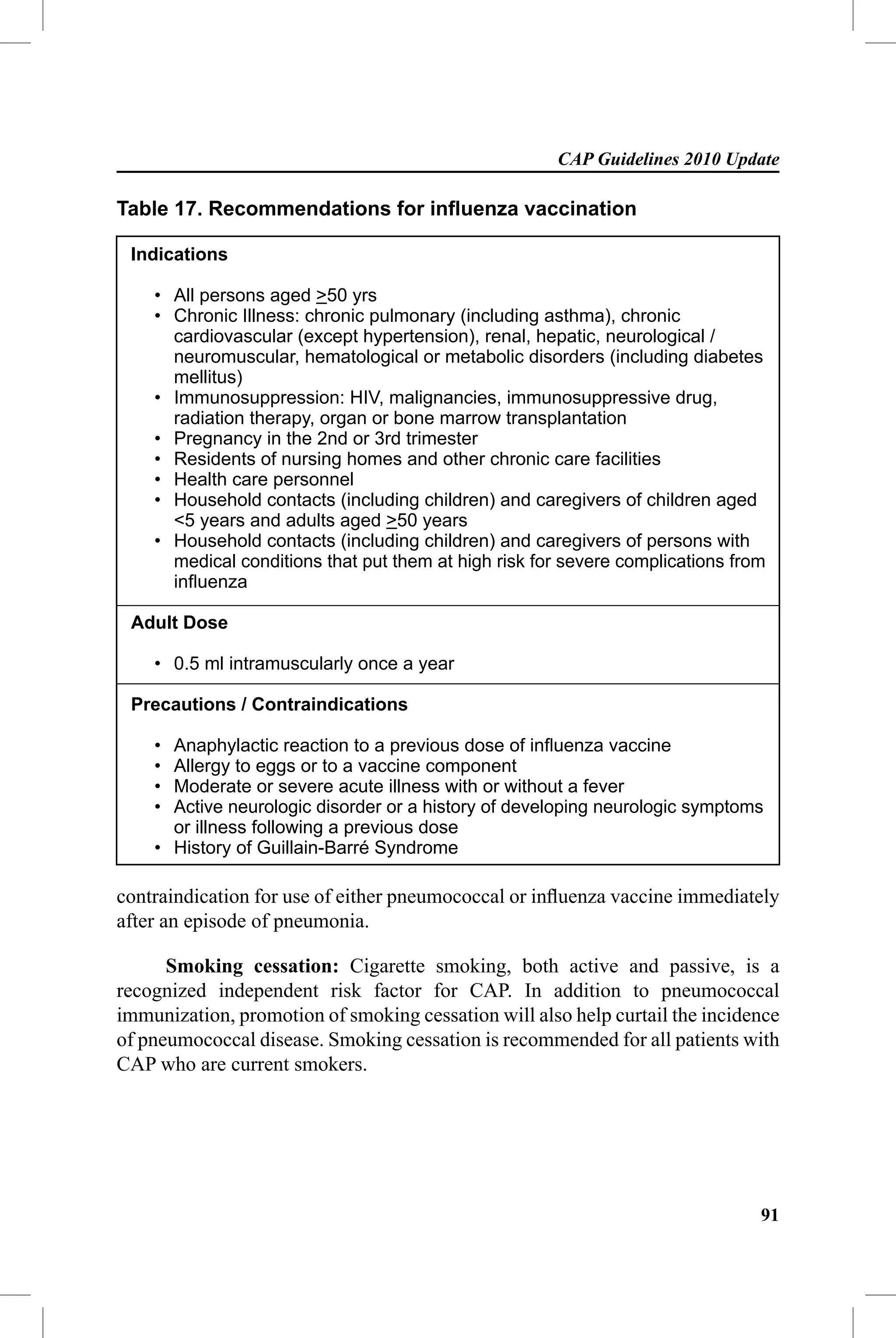 CAP Guidelines 2010 Update

Table 17. Recommendations for inﬂuenza vaccination

 Indications

    • All persons aged >50 yrs
    • Chronic Illness: chronic pulmonary (including asthma), chronic
      cardiovascular (except hypertension), renal, hepatic, neurological /
      neuromuscular, hematological or metabolic disorders (including diabetes
      mellitus)
    • Immunosuppression: HIV, malignancies, immunosuppressive drug,
      radiation therapy, organ or bone marrow transplantation
    • Pregnancy in the 2nd or 3rd trimester
    • Residents of nursing homes and other chronic care facilities
    • Health care personnel
    • Household contacts (including children) and caregivers of children aged
      <5 years and adults aged >50 years
    • Household contacts (including children) and caregivers of persons with
      medical conditions that put them at high risk for severe complications from
      inﬂuenza

 Adult Dose

    • 0.5 ml intramuscularly once a year

 Precautions / Contraindications

    • Anaphylactic reaction to a previous dose of inﬂuenza vaccine
    • Allergy to eggs or to a vaccine component
    • Moderate or severe acute illness with or without a fever
    • Active neurologic disorder or a history of developing neurologic symptoms
      or illness following a previous dose
    • History of Guillain-Barré Syndrome

contraindication for use of either pneumococcal or inﬂuenza vaccine immediately
after an episode of pneumonia.

      Smoking cessation: Cigarette smoking, both active and passive, is a
recognized independent risk factor for CAP. In addition to pneumococcal
immunization, promotion of smoking cessation will also help curtail the incidence
of pneumococcal disease. Smoking cessation is recommended for all patients with
CAP who are current smokers.




                                                                                91
 