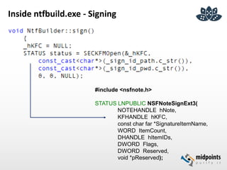 Inside ntfbuild.exe - Signing
#include <nsfnote.h>
STATUS LNPUBLIC NSFNoteSignExt3(
NOTEHANDLE hNote,
KFHANDLE hKFC,
const char far *SignatureItemName,
WORD ItemCount,
DHANDLE hItemIDs,
DWORD Flags,
DWORD Reserved,
void *pReserved);
 