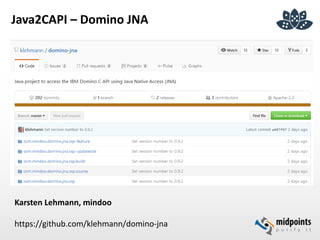 Java2CAPI – Domino JNA
Karsten Lehmann, mindoo
https://github.com/klehmann/domino-jna
 