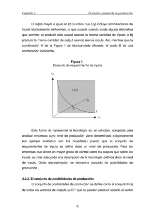 Capítulo 2

El análisis primal de la producción

El signo mayor o igual en (2.3) indica que L(y) incluye combinaciones de
inputs técnicamente ineficientes, lo que sucede cuando existe alguna alternativa
que permite: a) producir más output usando la misma cantidad de inputs; o b)
producir la misma cantidad de output usando menos inputs. Así, mientras que la
combinación A de la Figura 1 es técnicamente eficiente, el punto B es una
combinación ineficiente.
Figura 1.
Conjunto de requerimiento de inputs
x2

L(y)
B
A

y
x1

Esta forma de representar la tecnología es, en principio, apropiada para
analizar empresas cuyo nivel de producción viene determinado exógenamente
(un ejemplo ilustrativo son los hospitales) puesto que el conjunto de
requerimientos de inputs se define dado un nivel de producción. Para las
empresas que tienen un mayor grado de control sobre los outputs que sobre los
inputs, es más adecuado una descripción de la tecnología definida dado el nivel
de inputs. Dicha representación se denomina conjunto de posibilidades de
producción.
2.2.2. El conjunto de posibilidades de producción
El conjunto de posibilidades de producción se define como el conjunto P(x)
de todos los vectores de outputs y∈R+m que se pueden producir usando el vector

6

 