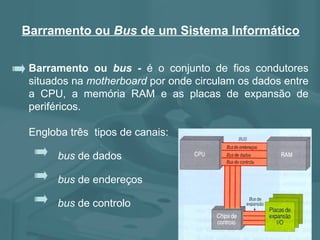 Barramento ou  bus -  é o conjunto de fios condutores situados na  motherboard  por onde circulam os dados entre a CPU, a memória RAM e as placas de expansão de periféricos.  Engloba três  tipos de canais: bus  de endereços bus  de dados bus  de controlo Barramento ou  Bus  de um Sistema Informático 