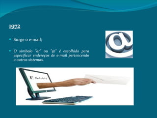 1972 Surge o e-mail; O símbolo "at" ou "@" é escolhido para especificar endereços de e-mail pertencendo a outros sistemas.  