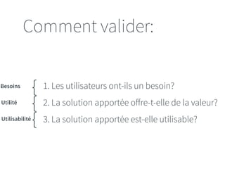 Comment valider: 
1. Les utilisateurs ont-ils un besoin? 
2. La solution apportée offre-t-elle de la valeur? 
3. La solution apportée est-elle utilisable? 
{{ 
Besoins { 
Utilité Utilisabilité 
 