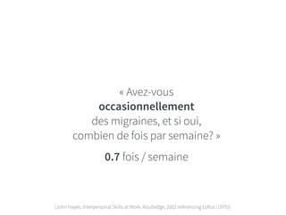 « Avez-vous 
occasionnellement 
des migraines, et si oui, 
combien de fois par semaine? » 
0.7 fois / semaine 
[John Hayes, Interpersonal Skills at Work. Routledge, 2002 referencing Loftus (1975)] 
 