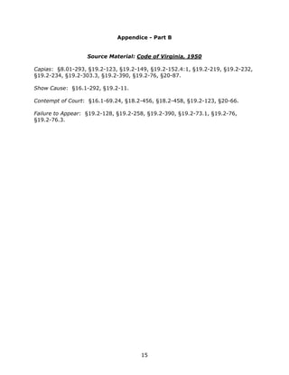 15
Appendice - Part B
Source Material: Code of Virginia, 1950
Capias: §8.01-293, §19.2-123, §19.2-149, §19.2-152.4:1, §19.2-219, §19.2-232,
§19.2-234, §19.2-303.3, §19.2-390, §19.2-76, §20-87.
Show Cause: §16.1-292, §19.2-11.
Contempt of Court: §16.1-69.24, §18.2-456, §18.2-458, §19.2-123, §20-66.
Failure to Appear: §19.2-128, §19.2-258, §19.2-390, §19.2-73.1, §19.2-76,
§19.2-76.3.
 