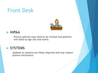 Front Desk
 HIPAA
Privacy policies may need to be revised and patients
will need to sign the new forms
 SYSTEMS
Updates to systems are likely required and may impact
patient encounters
1
3
 
