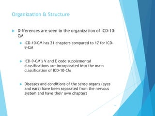 Organization & Structure
 Differences are seen in the organization of ICD-10-
CM
 ICD-10-CM has 21 chapters compared to 17 for ICD-
9-CM
 ICD-9-CM’s V and E code supplemental
classifications are incorporated into the main
classification of ICD-10-CM
 Diseases and conditions of the sense organs (eyes
and ears) have been separated from the nervous
system and have their own chapters
44
 