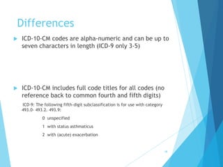 Differences
 ICD-10-CM codes are alpha-numeric and can be up to
seven characters in length (ICD-9 only 3-5)
 ICD-10-CM includes full code titles for all codes (no
reference back to common fourth and fifth digits)
ICD-9: The following fifth-digit subclassification is for use with category
493.0- 493.2. 493.9:
0 unspecified
1 with status asthmaticus
2 with (acute) exacerbation
48
 