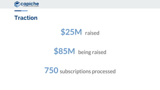 Traction
$25M raised
$85M being raised
750 subscriptions processed
 