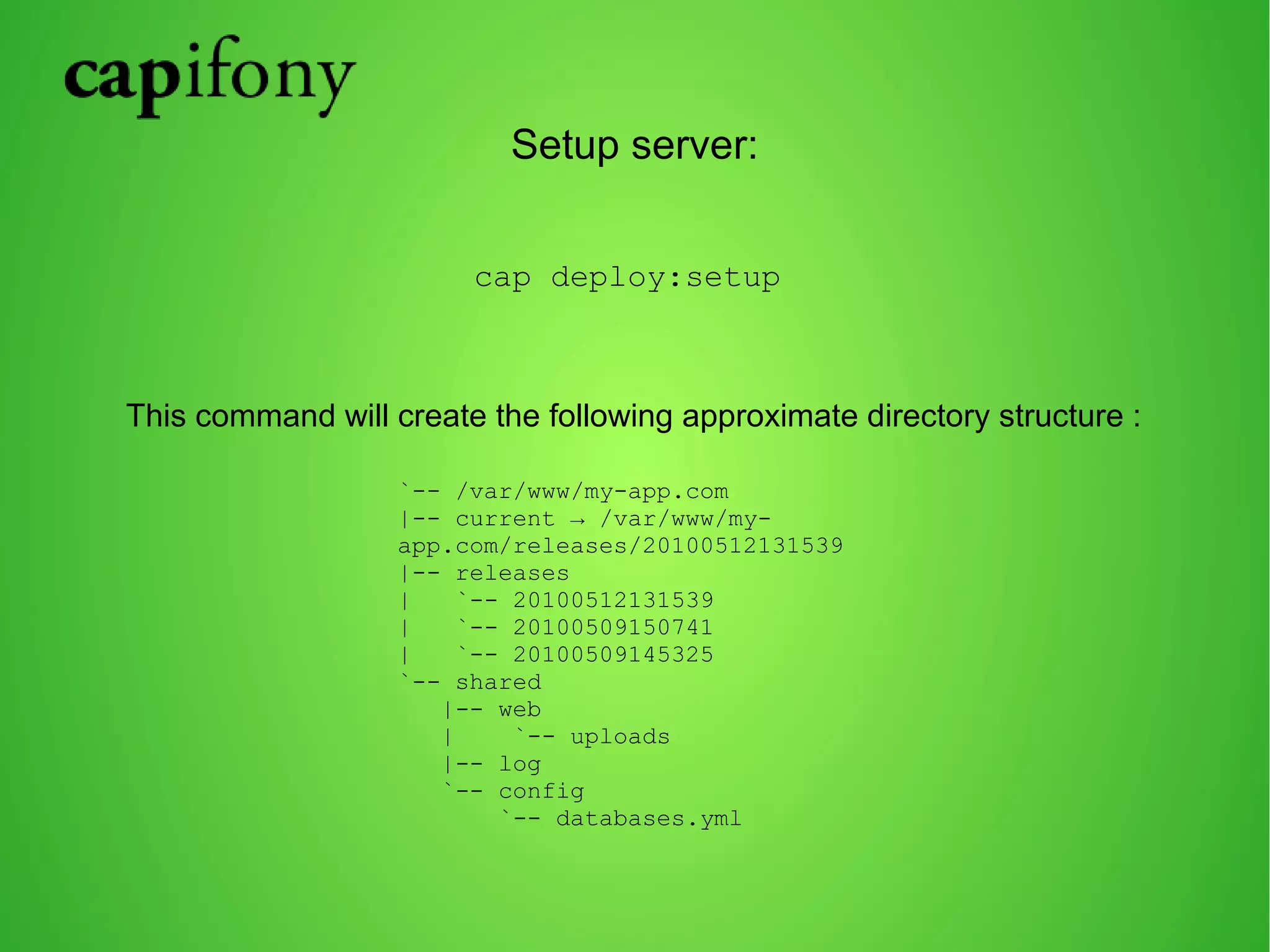 Setup server: 
cap deploy:setup 
This command will create the following approximate directory structure : 
`-- /var/www/my-app.com 
|-- current → /var/www/my-app. 
com/releases/20100512131539 
|-- releases 
| `-- 20100512131539 
| `-- 20100509150741 
| `-- 20100509145325 
`-- shared 
|-- web 
| `-- uploads 
|-- log 
`-- config 
`-- databases.yml 
 