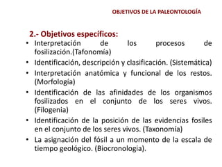 OBJETIVOS DE LA PALEONTOLOGÍA
• Interpretación de los procesos de
fosilización.(Tafonomía)
• Identificación, descripción y clasificación. (Sistemática)
• Interpretación anatómica y funcional de los restos.
(Morfología)
• Identificación de las afinidades de los organismos
fosilizados en el conjunto de los seres vivos.
(Filogenia)
• Identificación de la posición de las evidencias fosiles
en el conjunto de los seres vivos. (Taxonomía)
• La asignación del fósil a un momento de la escala de
tiempo geológico. (Biocronologia).
2.- Objetivos específicos:
 