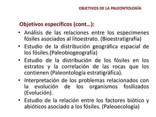 • Análisis de las relaciones entre los especimenes
fósiles asociados al litoestrato. (Bioestratigrafía)
• Estudio de la distribución geográfica espacial de
los fósiles.(Paleobiogeografía)
• Estudio de la distribución de los fósiles en los
estratos y la correlación de las rocas que los
contienen (Paleontología estratigráfica).
• Interpretación de los problemas relacionados con
la evolución de los organismos fosilizados
(Evolución).
• Estudio de la relación entre los factores biótico y
abióticos asociado a los fósiles. (Paleoecología)
Objetivos específicos (cont…):
OBJETIVOS DE LA PALEONTOLOGÍA
 
