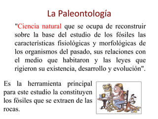 La Paleontología
"Ciencia natural que se ocupa de reconstruir
sobre la base del estudio de los fósiles las
características fisiológicas y morfológicas de
los organismos del pasado, sus relaciones con
el medio que habitaron y las leyes que
rigieron su existencia, desarrollo y evolución".
Es la herramienta principal
para este estudio la constituyen
los fósiles que se extraen de las
rocas.
 