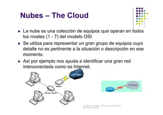 Facultad de Tecnología – Carrera de Ing. de Sistemas
http://www.usfx.edu.bo
Nubes – The Cloud
 La nube es una colección de equipos que operan en todos
los niveles (1 - 7) del modelo OSI
 Se utiliza para representar un gran grupo de equipos cuyo
detalle no es pertinente a la situación o descripción en ese
momento.
 Así por ejemplo nos ayuda a identificar una gran red
interconectada como es Internet.
 