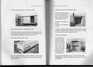 92 RODOLFO VALENZUELA SEPÚLVEDA
Contenedor abierto a los lados - Open Side Container
Cargamento por un lado, completamente cerrado.
Container equipado con puertas laterales para cargar cuando no re-
sulte práctico usar puertas en los extremos, como por ejemplo, cuan-
do el container está a bordo de un vagón de ferrocarril.
Contenedor Granelero - Bulk Container
Especialmente para mercancía seca como malta, etc.; hay tres aper-
turas para garantizar una carga del tope; hay una apertura de descar-
ga en cada puerta.
LOGISTICA DE DISTRIBUCiÓN FlslCA INTERNACIONAL 93
Contenedor con patines - Pallet Wide Container
Tipo de contenedores destina-
dos para el transporte de todo
tipo de mercancías sobre pa-
letas, lo que exige superficie
más ancha para la carga.
14 paletas en contenedor de
20 pies.
30 paletas en contenedor de
40 pies.
Contenedor especial para mercancías de densidad media: bebidas,
conservas, legumbres. Existe posibilidad de encontrarlo con patines
en su base, o por el contrario, prescindir de ellos.
Contenedor de Doble Piso
El contenedor de 20'
Doble Piso está es-
pecialmente diseña-
do para mercancías
que no se pueden
apilar como: leche,
zumo, aceite, agua,
refrescos. Es posible
encontrar contene-
dores Doble Piso con
alturas desiguales.
20 ': Capacidad de 28 pallets en base a 1,35 m de altura máxima.
20 'Reformado: Capacidad de 28 pallets en base a 1,35 m/1,40 m de
altura máxima.
 