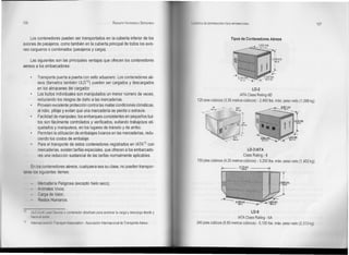 106 RODOLFO VALENZUELA SEPÚLVEDA
Los contenedores pueden ser transportados en la cubierta inferior de los
aviones de pasajeros, como también en la cubierta principal de todos los avio-
nes cargueros o combinados (pasajeros y carga).
Las siguientes son las principales ventajas que ofrecen los contenedores
aéreos a los embarcadores:
Transporte puerta a puerta con sello aduanero. Los contenedores aé-
reos (llamados también UL010) pueden ser cargados y descargados
en los almacenes del cargador.
Los bultos individuales son manipulados un menor número de veces,
reduciendo los riesgos de daño a las mercaderías.
Proveen excelente protección contra las malas condiciones climáticas,
al robo, pillaje y evitan que una mercadería se pierda o extravíe.
Facilidad de manipuleo; los embarques consistentes en pequeños bul-
tos son fácilmente controlados y verificados, evitando trabajosos eti-
quetados y manipuleos, en los lugares de tránsito y de arribo.
Permiten la utilización de embalajes livianos en las mercaderías, redu-
ciendo los costos de embalaje.
Para el transporte de estos contenedores registrados en lATA11con
mercaderías, existen tarifas especiales, que ofrecen a los embarcado-
res una reducción sustancial de las tarifas normalmente aplicables.
En los contenedores aéreos, cualquiera sea su clase, no pueden transpor-
tarse los siguientes ítemes:
Mercadería Peligrosa (excepto hielo seco);
- Animales Vivos;
Carga de Valor;
Restos Humanos.
10 ULD (Unit Load Device) o contenedor diseñado para acelerar la carga y descarga desde y
hacia el avi6n.
11 Internacional Air TransportAssociation - Asociaci6n Internacional de Transporte Aéreo.
LOGíSTICA DE DISTRIBUCiÓN FISICA INTERNACIONAL 107
Tipos de Contenedores Aéreos
LD-2
lATA Class Rating-8D
120 pies cúbicos (3.39 metros cúbicos) - 2,400 lbs. máx. peso neto (1,088 kg)
LD-3IATA
Class Rating - 8
150 pies cúbicos (4.25 metros cúbicos) - 3,200 lbs. máx. peso neto (1,452 kg)
14 3,175mm ~I
125li1
T
LD-8
lATA Class Rating - 6A
240 pies cúbicos (6.80 metros cúbicos) - 5,100 lbs. máx. peso neto (2,313 kg)
 