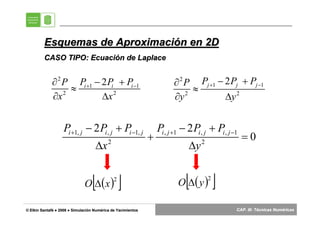 Esquemas de Aproximación en 2D
         CASO TIPO: Ecuación de Laplace


             ∂ 2 P Pi +1 − 2 Pi + Pi −1                                 ∂ 2 P Pj +1 − 2 Pj + Pj −1
                   ≈                                                          ≈
             ∂x  2
                           Δx 2                                         ∂y  2
                                                                                      Δy 2


                   Pi +1, j − 2 Pi , j + Pi −1, j                 Pi , j +1 − 2 Pi , j + Pi , j −1
                                                              +                                      =0
                                    Δx     2
                                                                              Δy   2




                                  [
                              O Δ(x )
                                               2
                                                   ]                         [
                                                                          O Δ( y )
                                                                                       2
                                                                                           ]
© Elkin Santafé ● 2008 ● Simulación Numérica de Yacimientos
        Santafé          Simulació Numé                                                          CAP. III: Técnicas Numéricas
                                                                                                                    Numé
 