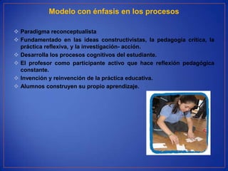 Modelo con énfasis en los procesos

 Paradigma reconceptualista
 Fundamentado en las ideas constructivistas, la pedagogía crítica, la
  práctica reflexiva, y la investigación- acción.
 Desarrolla los procesos cognitivos del estudiante.
 El profesor como participante activo que hace reflexión pedagógica
  constante.
 Invención y reinvención de la práctica educativa.
 Alumnos construyen su propio aprendizaje.
 