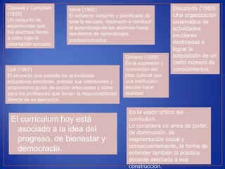 Caswell y Campbell         Inlow (1966)                                 Dieuzeide (1983)
(1935)                     El esfuerzo conjunto y planificado de        Una organización
.
Un conjunto de             toda la escuela, destinado a conducir        sistemática de
experiencias que           el aprendizaje de los alumnos hacia          actividades
los alumnos llevan         resultados de aprendizajes
a cabo bajo la                                                          escolares
                           predeterminados.                             destinadas a
orientación escuela.
                                                                        lograr la
                                                    Gimeno (1988)       adquisición de un
                                                    Es la expresión y   cierto número de
Coll (1987)                                         concreción del      conocimientos.
El proyecto que preside las actividades             plan cultural que
educativas escolares, precisa sus intensiones y     una institución
proporciona guías de acción adecuadas y útiles      escolar hace
para los profesores que tienen la responsabilidad   realidad
directa de su ejecución.

                                                     En la visión crítica del
 El currículum hoy está                              currículum.
                                                     Lo considera un arma de poder,
   asociado a la idea del                            de dominación, de
   progreso, de bienestar y                          segmentación social y
                                                     consecuentemente, la forma de
   democracia.                                       entender también la práctica
                                                     docente asociada a esa
                                                     construcción.
 