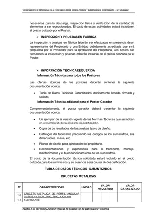 “LEVANTAMIENTO DE DEFICIENCIAS DE ALTO RIESGO EN REDES DE MEDIA TENSIÓN Y SUBESTACIONES DE DISTRIBUCIÓN - SET URUBAMBA”
CAPÍTULO III. ESPECIFICACIONES TÉCNICAS DE SUMINISTRO DE MATERIALES Y EQUIPOS
necesarios para la descarga, inspección física y verificación de la cantidad de
elementos a ser recepcionados. El costo de estas actividades estará incluido en
el precio cotizado por el Postor.
 INSPECCIÓN Y PRUEBAS EN FÁBRICA
La inspección y pruebas en fábrica deberán ser efectuadas en presencia de un
representante del Propietario o una Entidad debidamente acreditada que será
propuesta por el Proveedor para la aprobación del Propietario. Los costos que
demanden la inspección y pruebas deberán incluirse en el precio cotizado por el
Postor.
 INFORMACIÓN TÉCNICAREQUERIDA
Información Técnica para todos los Postores
Las ofertas técnicas de los postores deberán contener la siguiente
documentación técnica:
 Tabla de Datos Técnicos Garantizados debidamente llenada, firmada y
sellada.
Información Técnica adicional para el Postor Ganador
Complementariamente, el postor ganador deberá presentar la siguiente
documentación técnica:
 Un ejemplar de la versión vigente de las Normas Técnicas que se indican
en el numeral 2. de la presente especificación.
 Copia de los resultados de las pruebas tipo o de diseño.
 Catálogos del fabricante precisando los códigos de los suministros, sus
dimensiones, masa, etc.
 Planos de diseño para aprobación del propietario.
 Recomendaciones y experiencias para el transporte, montaje,
mantenimiento y el buen funcionamiento de los suministros.
El costo de la documentación técnica solicitada estará incluido en el precio
cotizado para los suministros y su ausencia será causal de descalificación.
TABLA DE DATOS TÉCNICOS GARANTIZADOS
CRUCETAS METALICAS
Nº CARACTERISTICAS UNIDAD
VALOR
REQUERIDO
VALOR
GARANTIZADO
1.0
CRUCETA METALICA DE PERFIL ANGULAR
75x75x6.4x 1500, 2400, 2500, 4300 mm
1.1 FABRICANTE
 