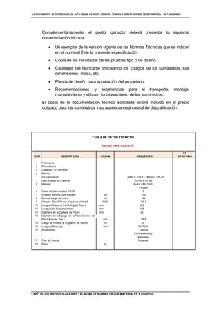 “LEVANTAMIENTO DE DEFICIENCIAS DE ALTO RIESGO EN REDES DE MEDIA TENSIÓN Y SUBESTACIONES DE DISTRIBUCIÓN - SET URUBAMBA”
CAPÍTULO III. ESPECIFICACIONES TÉCNICAS DE SUMINISTRO DE MATERIALES Y EQUIPOS
Complementariamente, el postor ganador deberá presentar la siguiente
documentación técnica:
 Un ejemplar de la versión vigente de las Normas Técnicas que se indican
en el numeral 2 de la presente especificación.
 Copia de los resultados de las pruebas tipo o de diseño.
 Catálogos del fabricante precisando los códigos de los suministros, sus
dimensiones, masa, etc.
 Planos de diseño para aprobación del propietario.
 Recomendaciones y experiencias para el transporte, montaje,
mantenimiento y el buen funcionamiento de los suministros.
El costo de la documentación técnica solicitada estará incluido en el precio
cotizado para los suministros y su ausencia será causal de descalificación.
TABLA DE DATOS TECNICOS
(*)
ITEM DESCRIPCION UNIDAD REQUERIDO OFERTADO
1 Fabricante
2 Procedencia
3 Catálogo / Nº de Serie
4 Norma
De f abricación ANSI C-135-17 ANSI C-135-22
Galv anizado en Caliente ASTM A153-82
5 Material Acero SAE 1020
Forjado
6 Clase de Galv anizado ASTM B
7 Espesor Mínimo Galv anizado um 100
8 Mínima carga de rotura kN 35
9 Aislador Tipo PIN con el que se Utilizará ANSI 56-3
10 Longitud Sobre el Perf il Angulat Tipo L mm 203
11 Longitud de Empotramiento mm 178
12 Diámetro de la Cabeza de Plomo mm 35
13 Diámetro de la Espiga en la Parte Encima del
Perf il Angular Tipo L mm 28.6
14 Carga de Prueba a 10 grados de f lexión kN 12
15 Longitud Roscada mm 75x75x5
16 Accesorios Tuercas
Contratuercas y
Arandelas
17 Tipo de Rosca Estandar
18 Peso kg
ESPIGA PARA CRUCETA
 
