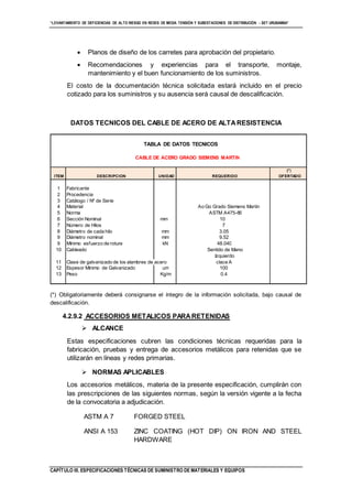 “LEVANTAMIENTO DE DEFICIENCIAS DE ALTO RIESGO EN REDES DE MEDIA TENSIÓN Y SUBESTACIONES DE DISTRIBUCIÓN - SET URUBAMBA”
CAPÍTULO III. ESPECIFICACIONES TÉCNICAS DE SUMINISTRO DE MATERIALES Y EQUIPOS
 Planos de diseño de los carretes para aprobación del propietario.
 Recomendaciones y experiencias para el transporte, montaje,
mantenimiento y el buen funcionamiento de los suministros.
El costo de la documentación técnica solicitada estará incluido en el precio
cotizado para los suministros y su ausencia será causal de descalificación.
DATOS TECNICOS DEL CABLE DE ACERO DE ALTARESISTENCIA
(*) Obligatoriamente deberá consignarse el íntegro de la información solicitada, bajo causal de
descalificación.
4.2.9.2 ACCESORIOS METALICOS PARARETENIDAS
 ALCANCE
Estas especificaciones cubren las condiciones técnicas requeridas para la
fabricación, pruebas y entrega de accesorios metálicos para retenidas que se
utilizarán en líneas y redes primarias.
 NORMAS APLICABLES
Los accesorios metálicos, materia de la presente especificación, cumplirán con
las prescripciones de las siguientes normas, según la versión vigente a la fecha
de la convocatoria a adjudicación.
ASTM A 7 FORGED STEEL
ANSI A 153 ZINC COATING (HOT DIP) ON IRON AND STEEL
HARDWARE
TABLA DE DATOS TECNICOS
(*)
ITEM DESCRIPCION UNIDAD REQUERIDO OFERTADO
1 Fabricante
2 Procedencia
3 Catálogo / Nº de Serie
4 Material Ao Go Grado Siemens Martin
5 Norma ASTM A475-89
6 Sección Nominal mm 10
7 Número de Hilos 7
8 Diámetro de cada hilo mm 3.05
9 Diámetro nominal mm 9.52
9 Mínimo esfuerzo de rotura kN 48.040
10 Cableado Sentido de Mano
Izquierdo
11 Clase de galvanizado de los alambres de acero clace A
12 Espesor Mínimo de Galvanizado um 100
13 Peso Kg/m 0.4
CABLE DE ACERO GRADO SIEMENS MARTIN
 