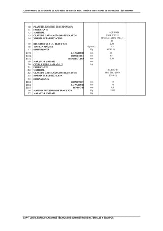 “LEVANTAMIENTO DE DEFICIENCIAS DE ALTO RIESGO EN REDES DE MEDIA TENSIÓN Y SUBESTACIONES DE DISTRIBUCIÓN - SET URUBAMBA”
CAPÍTULO III. ESPECIFICACIONES TÉCNICAS DE SUMINISTRO DE MATERIALES Y EQUIPOS
1.0
1.1
1.2
1.3
1.4
1.5
1.6
1.7
1.7.1
1.7.2
1.7.3
1.8
2.0
2.1
2.2
2.3
2.4
2.5
2.5.1
2.5.2
2.5.3
2.6
2.7
PLANCHA GANCHO DESUSPENSION
FABRICANTE
MATERIAL
CLASEDE GALVANIZADO SEGUN ASTM
NORMA DEFABRICACION
RESISTENCIA A LA TRACCION
TENSION MAXIMA
DIMENSIONES
LONGITUD
DIAMETRO
DESARROLLO
MASA POR UNIDAD
CINTA Y HEBILLA BAND IT
FABRICANTE
MATERIAL
CLASEDE GALVANIZADO SEGUN ASTM
NORMA DEFABRICACION
DIMENSIONES
DIAMETRO
LONGITUD
ESPESOR
MAXIMO ESFUERZO DE TRACCION
MASA POR UNIDAD
Kg/mm2
Kg
mm
mm
mm
mm
kg
mm
mm
mm
Kg
Kg
ACERO B
ANSI C 135.1
SPS 2663 (DIN 1784-1)
20
2,55
13
45X150
16
85
0,61
ACERO B
SPS 2663 (DIN
1784-1)
19
30
0,9
1000
 