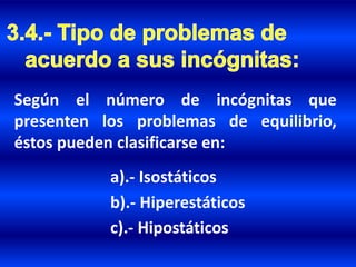 Según el número de incógnitas que
presenten los problemas de equilibrio,
éstos pueden clasificarse en:
a).- Isostáticos
b).- Hiperestáticos
c).- Hipostáticos
 