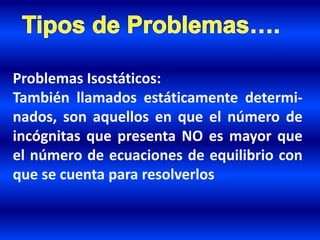 Problemas Isostáticos:
También llamados estáticamente determi-
nados, son aquellos en que el número de
incógnitas que presenta NO es mayor que
el número de ecuaciones de equilibrio con
que se cuenta para resolverlos
 